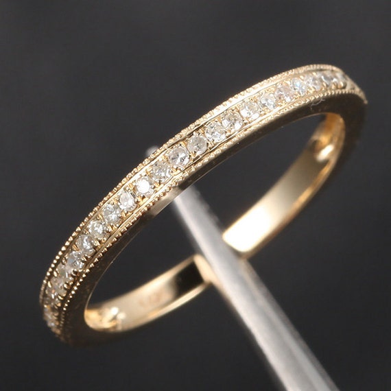 HALF Eternity Band Milgrain Pave H/SI Diamonds Band Solid 14K Yellow