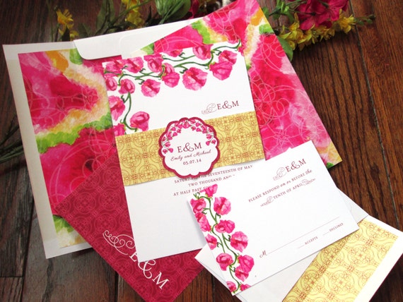 Sweet Pea Floral Wedding Invitation Set – Pink, Yellow - Customized - Available in Sets/ Quantities of 25+