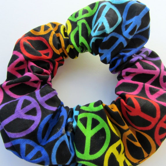 Scrunchies for hair in Rainbow Peace Signs