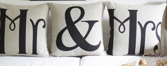 1 cotton linen Mr & Mrs printed throw pillow cover / decorative pillowcase / cushion cover 18"CC