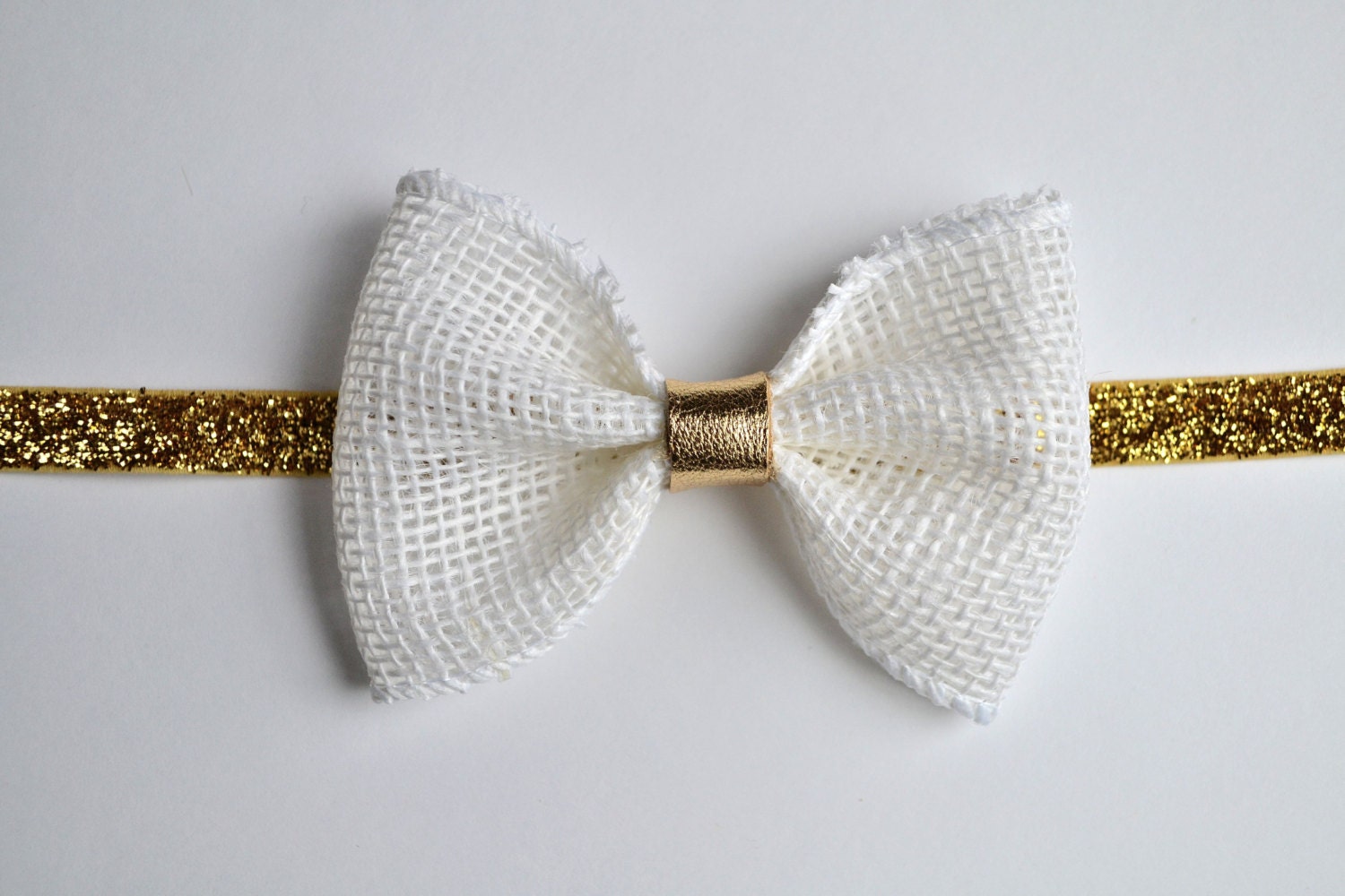 White Burlap Gold Metallic Leather Bow Photo by LittleKateDesigns