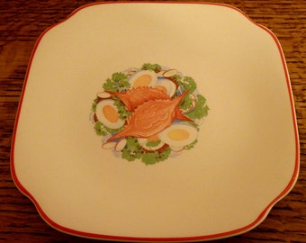2 Camwood Ivory Universal Cambridge Ohio Upico Shrimp Lobster Appetizer Salad Red Rim Trim Scallop Edge Plates