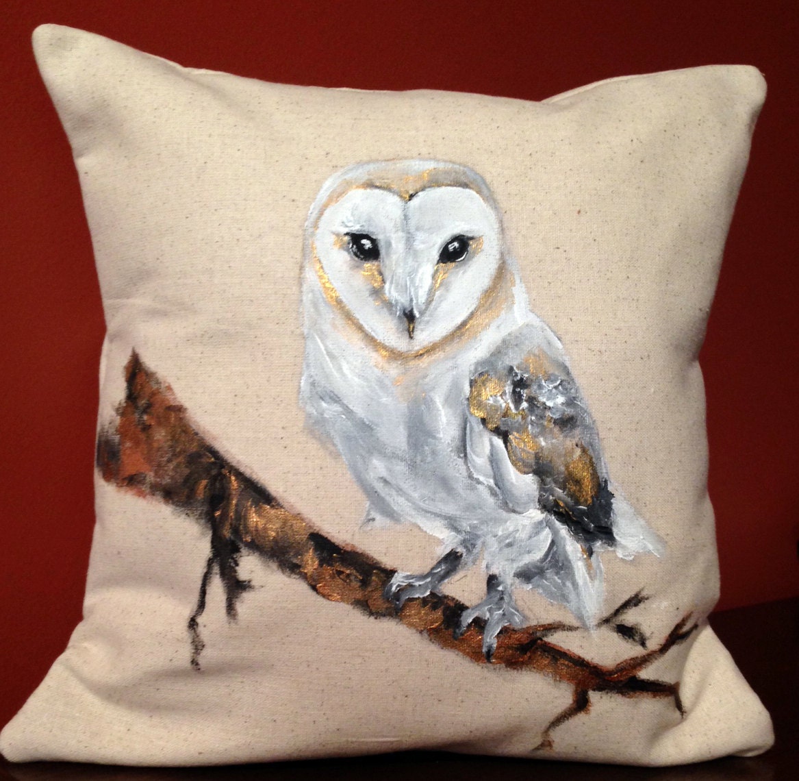 Barn Owl Painted Decorative Pillow White and Gold One of a