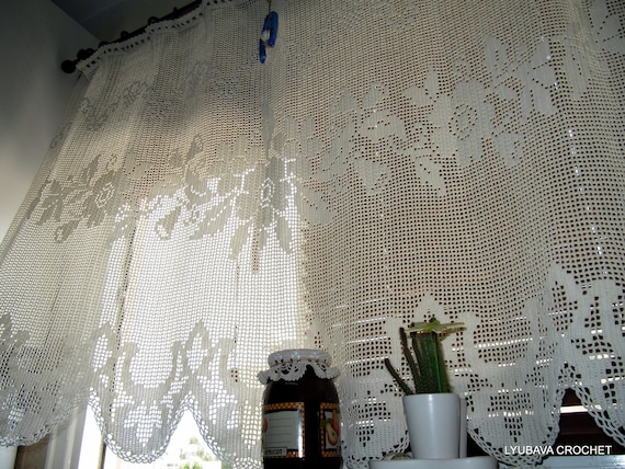 Crochet Curtain Ecru Crochet Lace Kitchen by CrochetedByLyubava