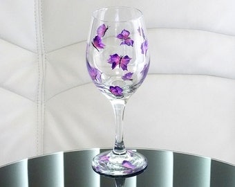 Hand Painted Wine Glass Purple Butterflies Pink Hand Painted Glassware Stemware Hand Painted Wine Glasses Custom Wine Glasses Painted Glass