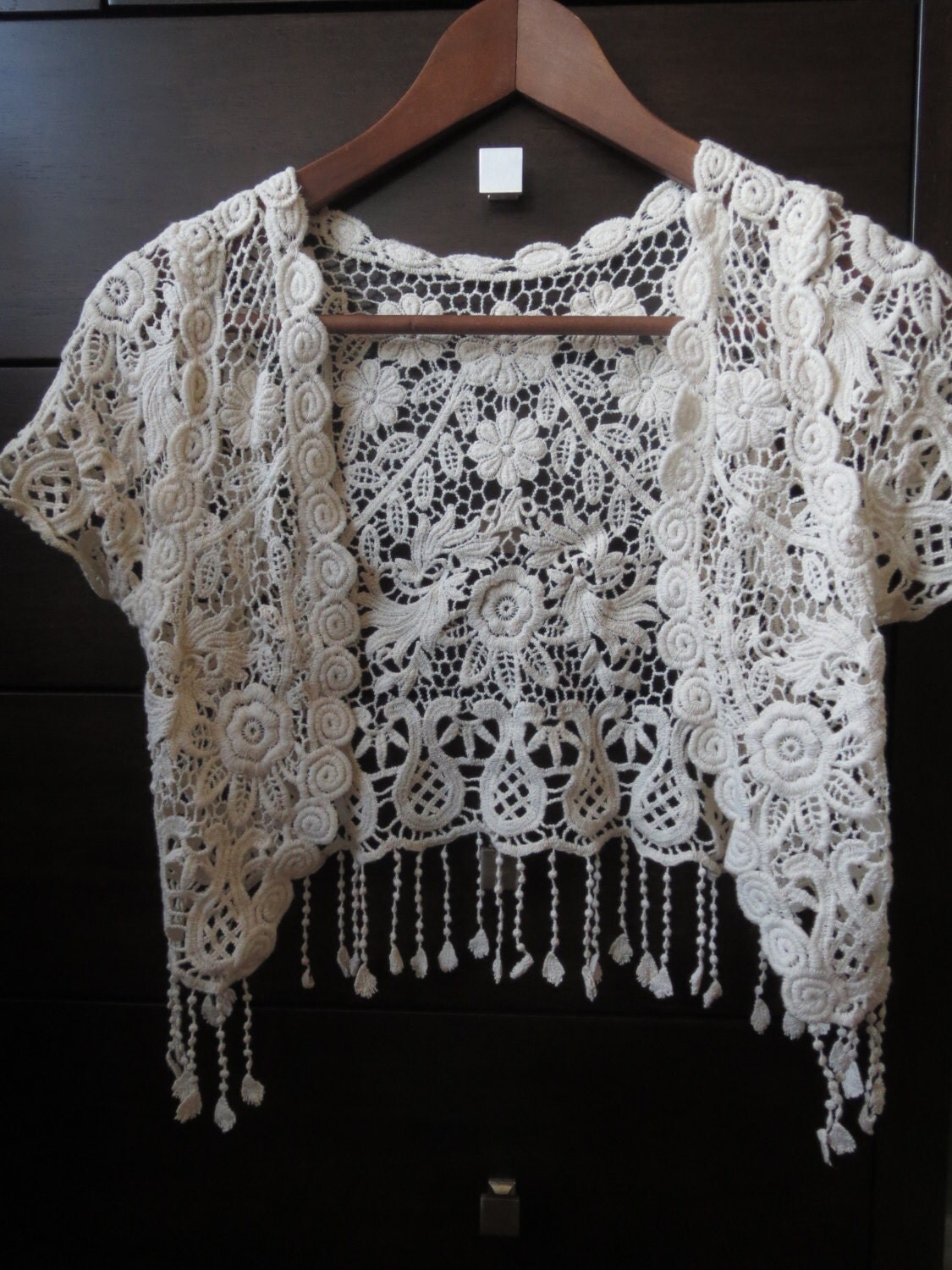 Crochet Lace Shawl Open Style Cardigan with Tassels One Size