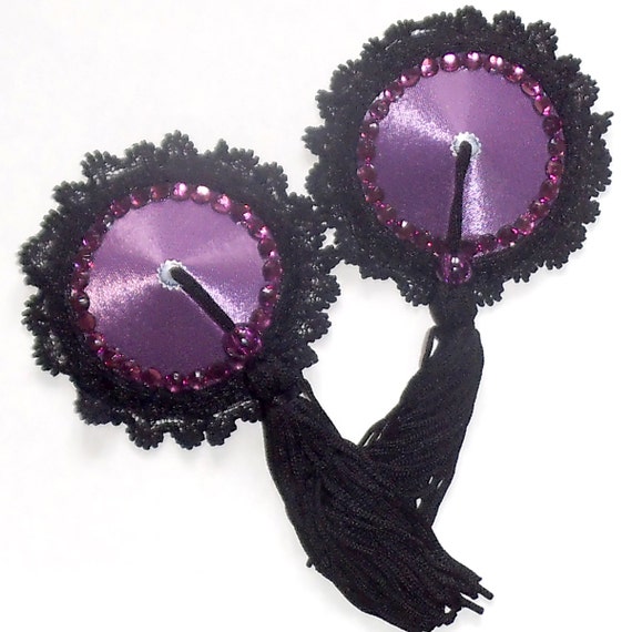 Dazzle Purple Rhinestone And Lace Nipple Tassels Pasties Covers