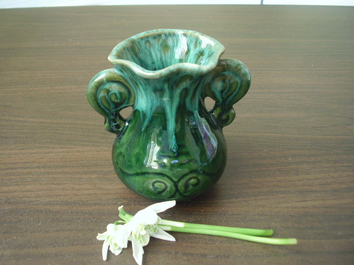 pottery vase clay ceramic green glazed small miniature rustic