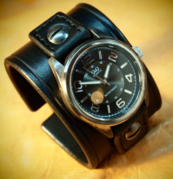 Leather cuff Watch Vintage Black bridle leather watchband, wrist watch made for YOU in NYC by Freddie Matara