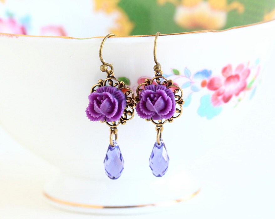 Purple Flower Earrings Dangle Earrings Wedding by JacarandaDesigns