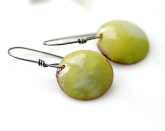 Enameled Copper Earrings, Green Earrings, Geometric Earrings, Bitter Green Earrings, Rustic Earrings, Copper, Silver, Dangle Drop Earrings