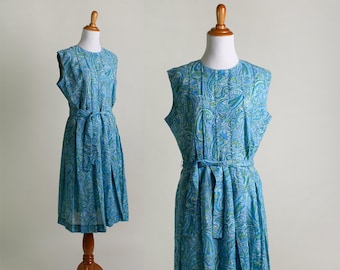 Vintage 1950s Dress - Paisley Blue and Mint Green Floral Cotton Dress - Large XL