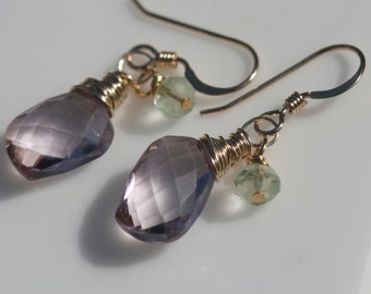 Small Pink Earrings, Petite Dangle Earrings, Gold Earrings, Pink Earrings, Green Quartz Earrings, Small Drop Earrings Maggie McMane Design