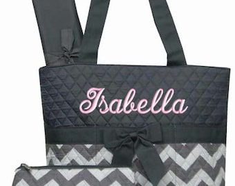 Personalized Diaper Bag Grey Chevron Quilted Monogrammed Gray Baby Tote