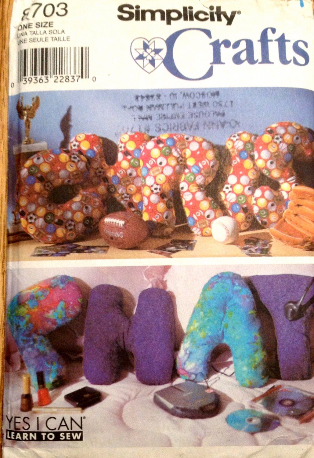 Simplicity 8703 1990s Stuffed ALPHABET Pillows Pattern 13
