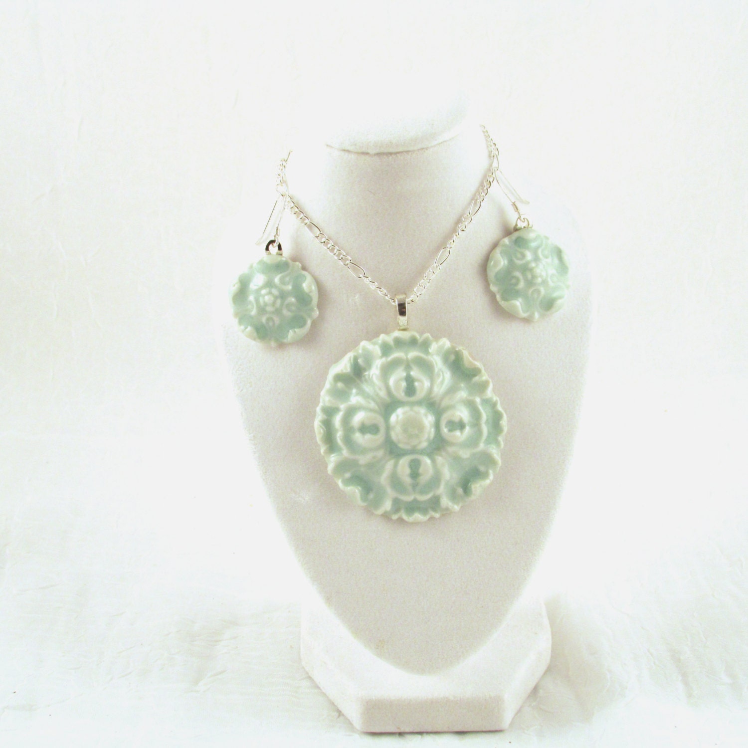 Porcelain Jewelry Set Necklace and Earrings light blue