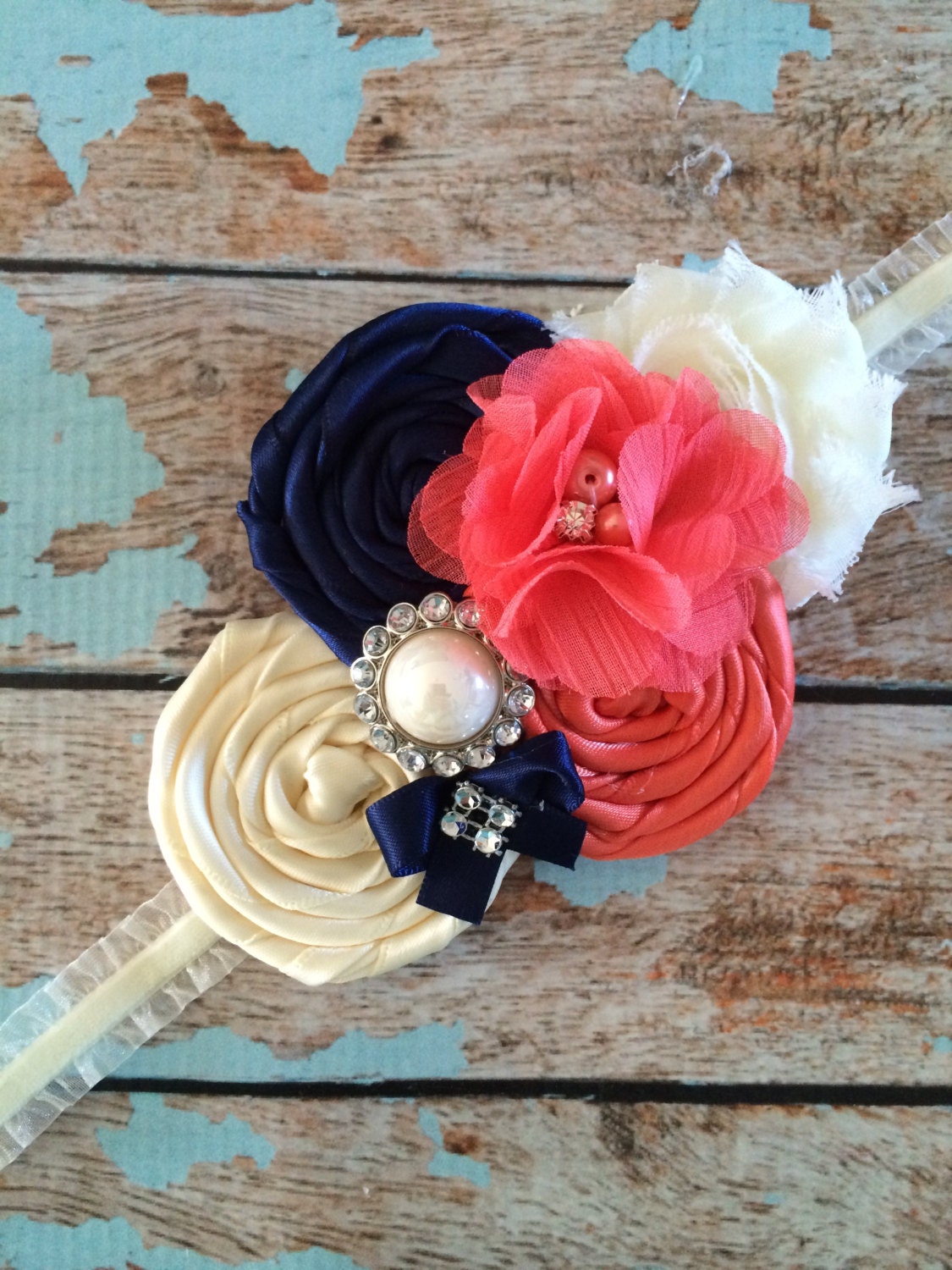 FLOWER GIRL headband navy/coral infant toddler headband
