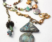 Let Heaven Exist. Cosmic rustic assemblage art necklace.