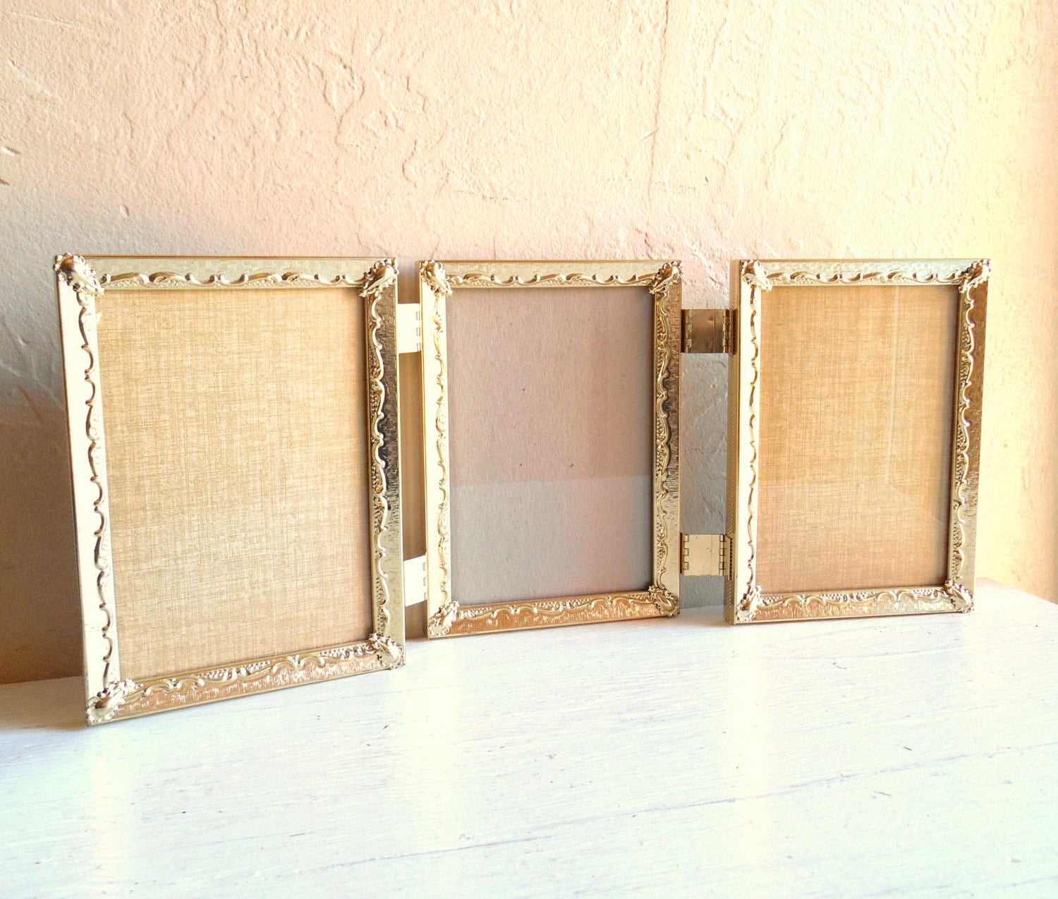 Light Gold Metal Hinged Picture Frame Triple 5x7 Trifold