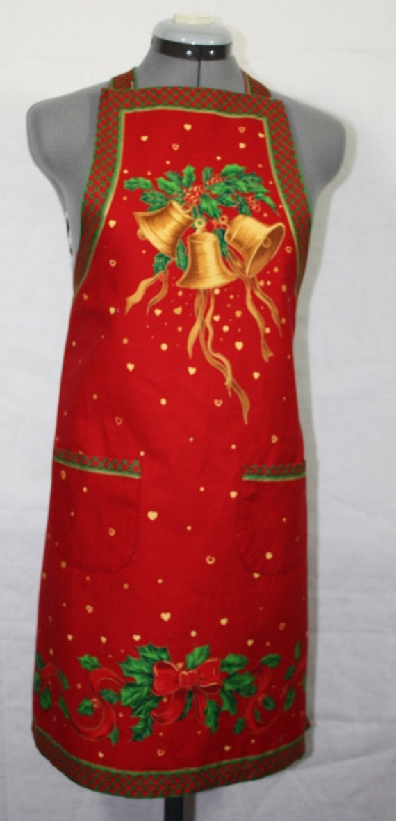 Vintage Christmas Holiday Apron Bib Style with Front Pockets