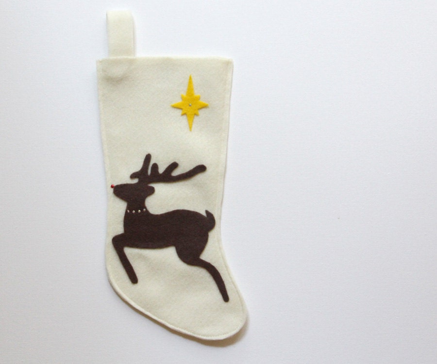 modern christmas stocking, reindeer star felt christmas stocking, brown yellow cream white, heirloom stocking, letterhappy