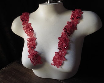 RED Lace Applique Pair BEADED Lace for Bridal, Headbands, Costume Design PR 142red