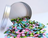 Loose Mixed Sequins in a fun tin - Spring Fling.  Aqua, Pink and Lime Green Sequins