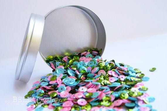 Loose Mixed Sequins in a fun tin - Spring Fling.  Aqua, Pink and Lime Green Sequins