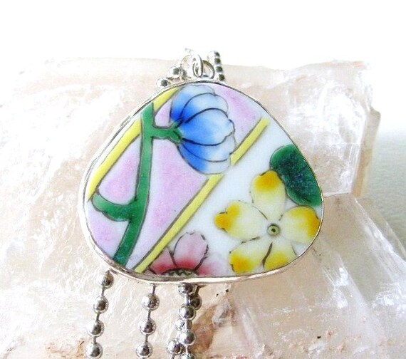Pastel Flowers Pottery Shard Pendant on Silver by meiguidesigns