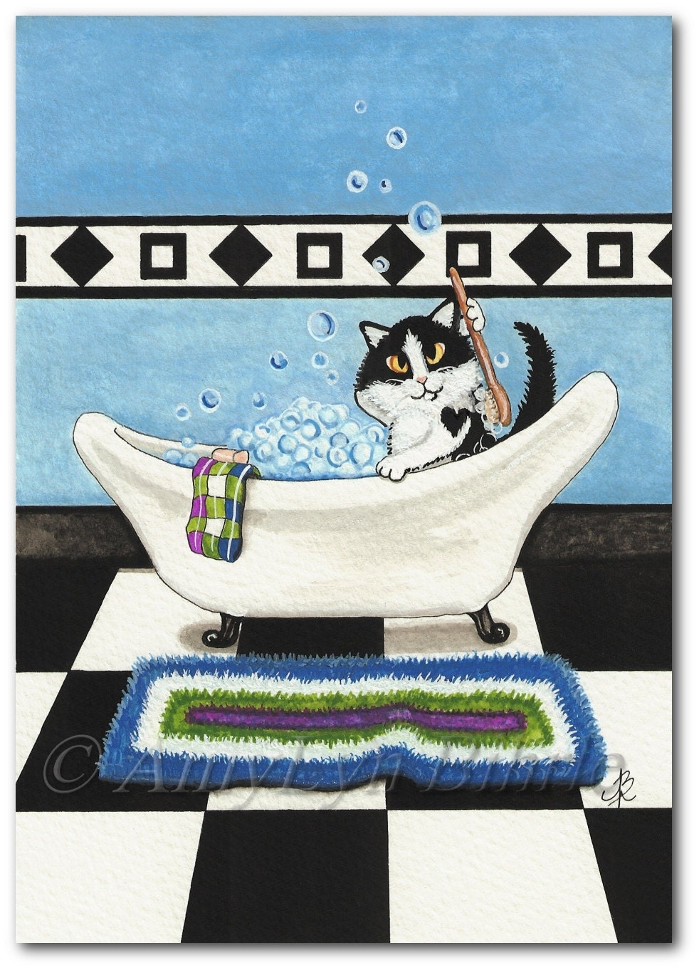 Tuxedo Cat Bathroom Bubbles Bath Decor Art Print by Bihrle
