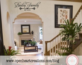 Family Name Vinyl Decal with Established Date and Accent - Personalized Wall Decal for Bedroom Entry Way Above Doorway 12h x 36w PD0021