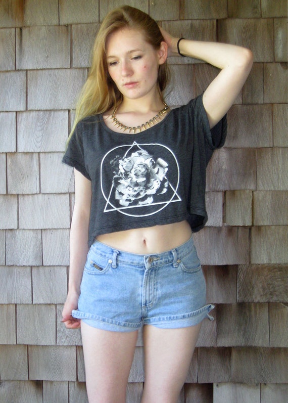 Floral Crop Top// Geometric Flower Print// White Ink on Gray-Black Boxy T// American Apparel