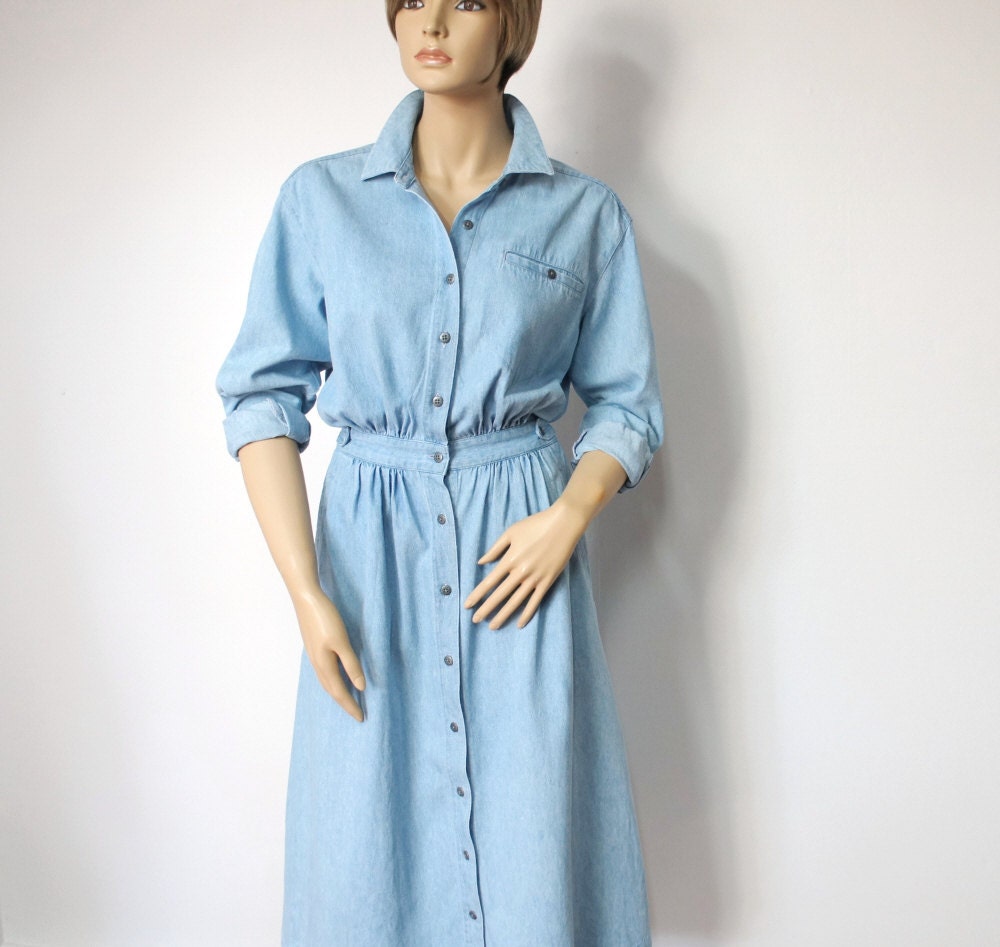 Denim Dress Shirtwaist Vintage Eddie Bauer Button Front Blue