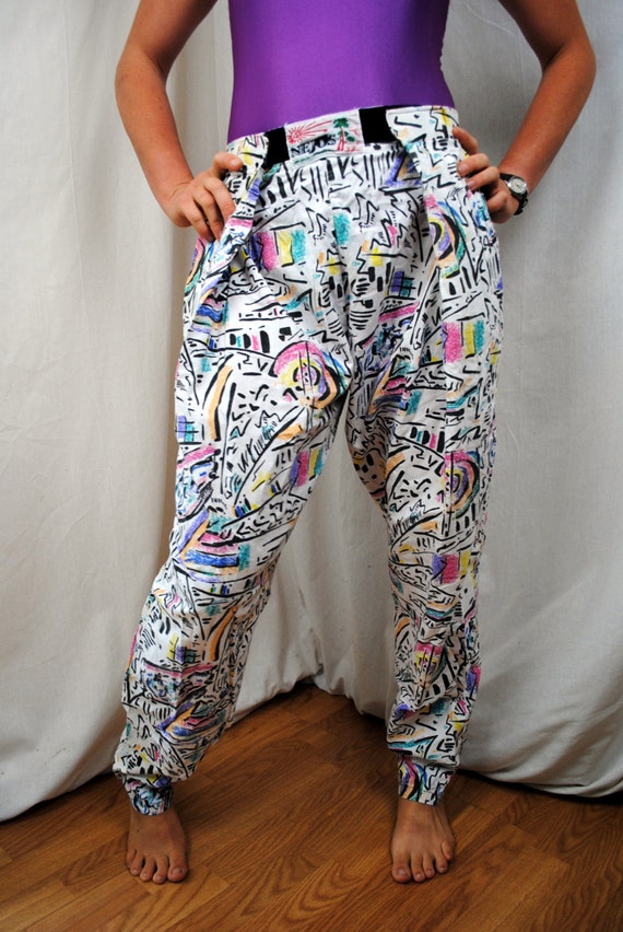 Vintage 80s Neon Surf Hammer Time Harem Baggy Pants