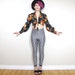 70s Disco Floral Tie Waist Crop Top Sheer Long Sleeve Cropped Blouse (M)