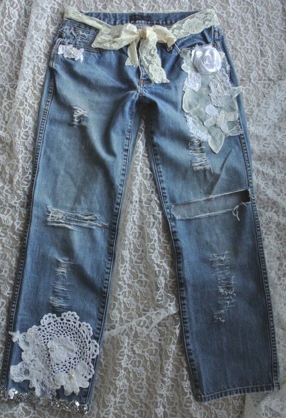A SALE embellished jeans Boho lace jeans by TrueRebelClothing