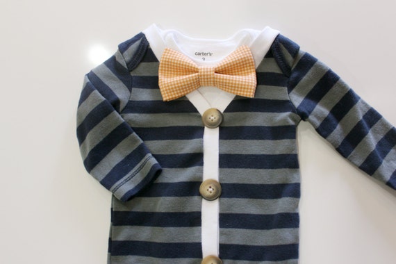 Blue Baby Cardigan Outfit with Bow Tie. Baby Boy Outfit.  Short sleeve preppy trendy blue striped orange gingham tie