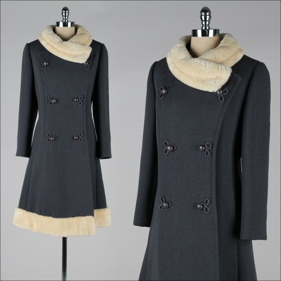 vintage 1960s coat . Stegari NY . gray wool . sheared beaver