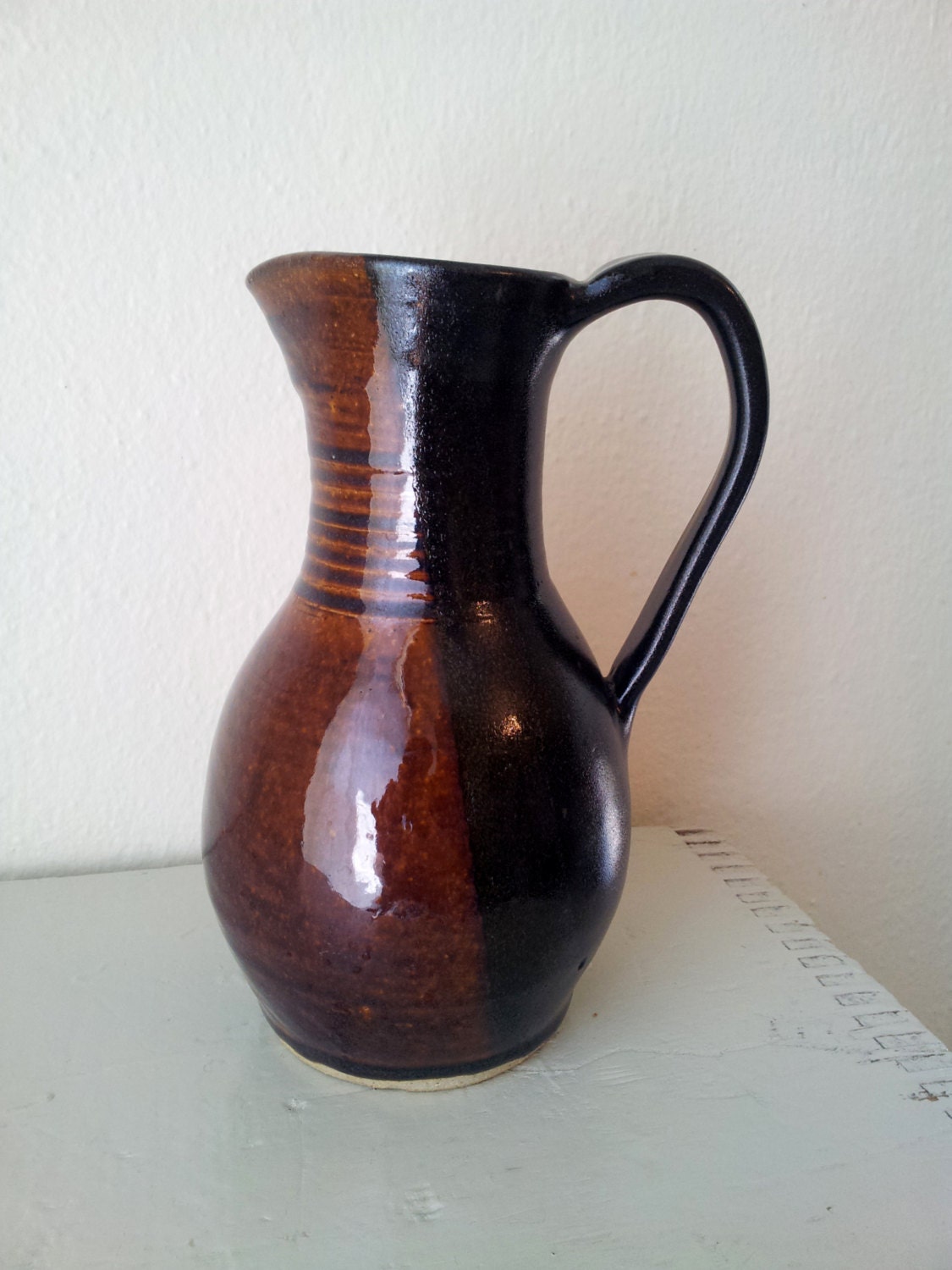 Vintage Studio Art Modernist Ceramic Brown and Black Stoneware Pitcher ...