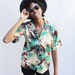 Vintage 80s Neiman Marcus Tropical Print Khaki Blouse size 5/6