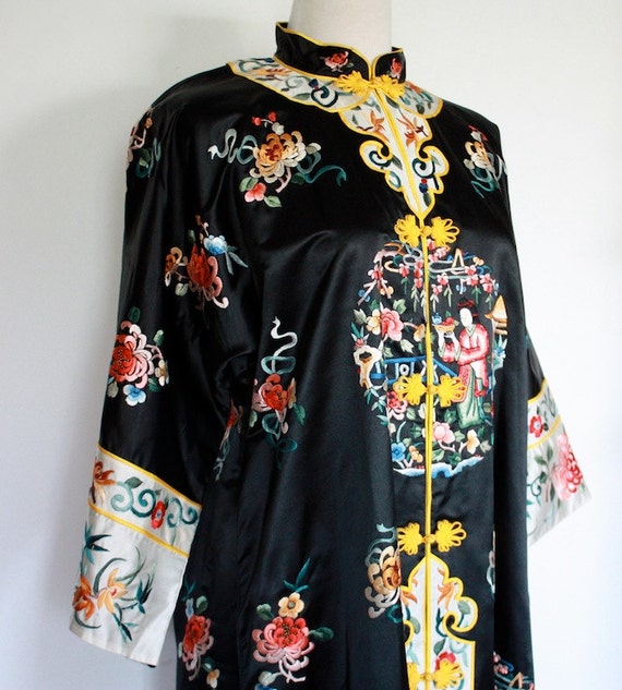 Vintage Black Silk Mandarin Robe with Colourful Embroidery