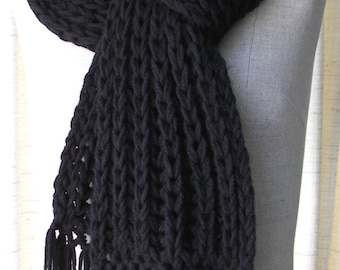Classic Chunky RIB Hand Knit Scarf in BLACK Acrylic Vegan / Boyfriend scarf / Gray, White, Tan Scarf