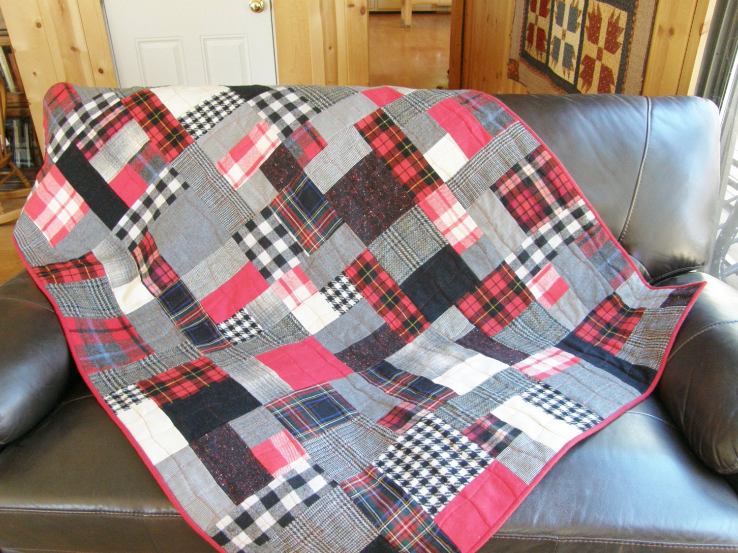 Red Plaid Wool Throw Masculine Lap Quilt