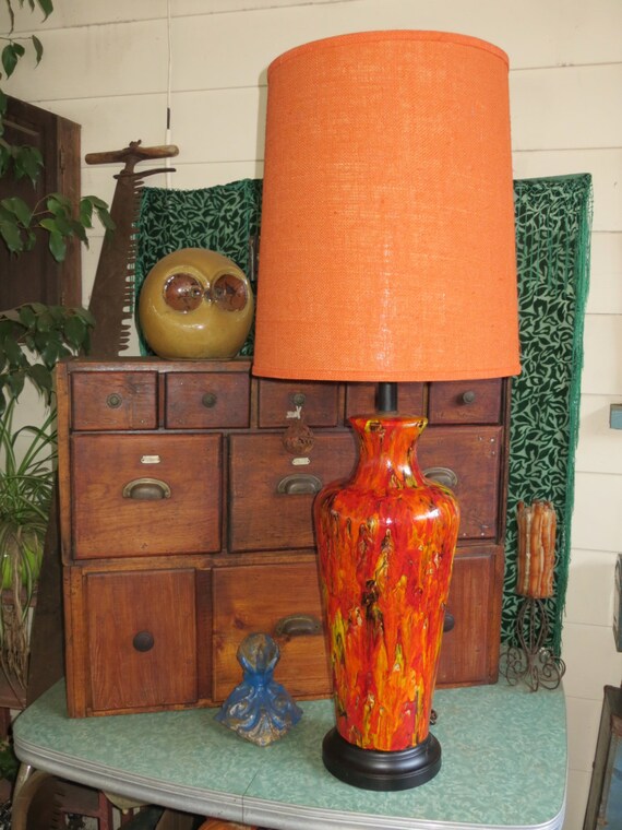 Very Large Drip Glaze Table Lamp w/ Shade 60s / 70s Red