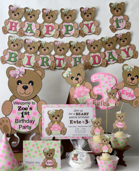 Girl Pink Teddy Bear Picnic 1st Birthday Party by bcpaperdesigns