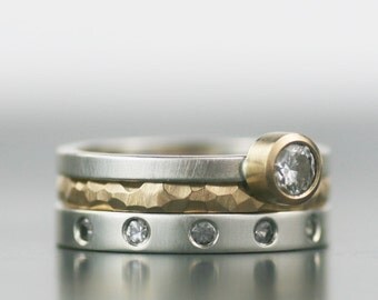modern wedding band set, stacking wedding ring set, alternative gold and diamond engagement ring, womens wedding ring, womens wedding band