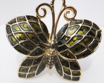 Vintage jewelry brooch in olive green gold enamel butterfly brooch