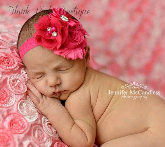 Pink Headband, Baby headband, baby headbands,newborn headband,shabby chic headband, Easter Headband,Hot Pink Baby Headband,flower headband. by ThinkPinkBows