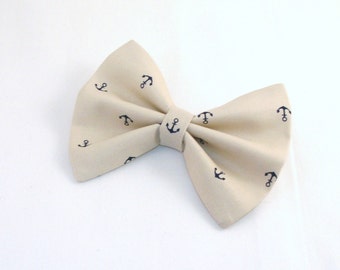 Hair Bow Vintage Inspired 1920s Creme with Dark Blue Anchors Clip Rockabilly Pin up Teen Woman