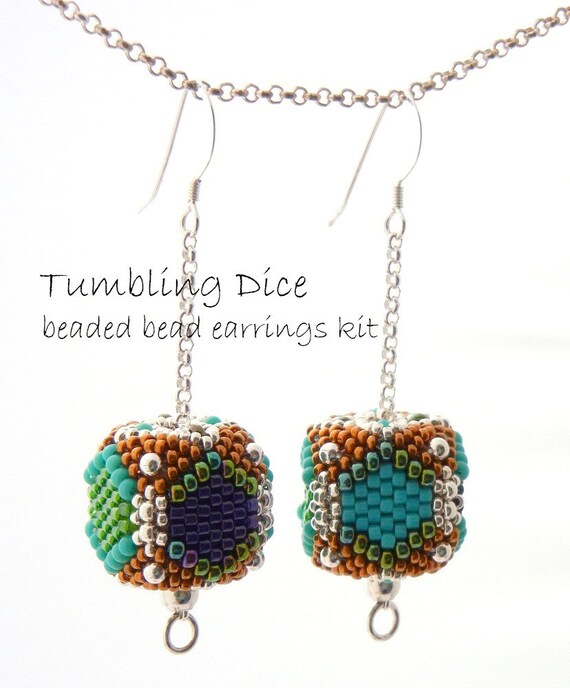 Beaded Bead Kit Tumbling Dice Earrings peacock colors